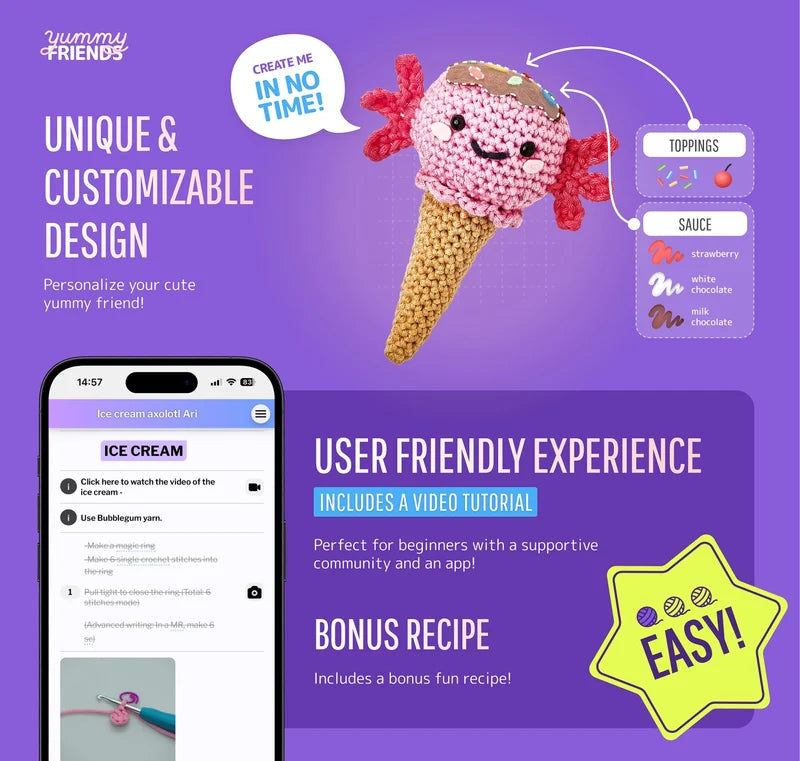 Ice Ceam Axolotl Ari - Yummy Friends Kit - Lion Brand